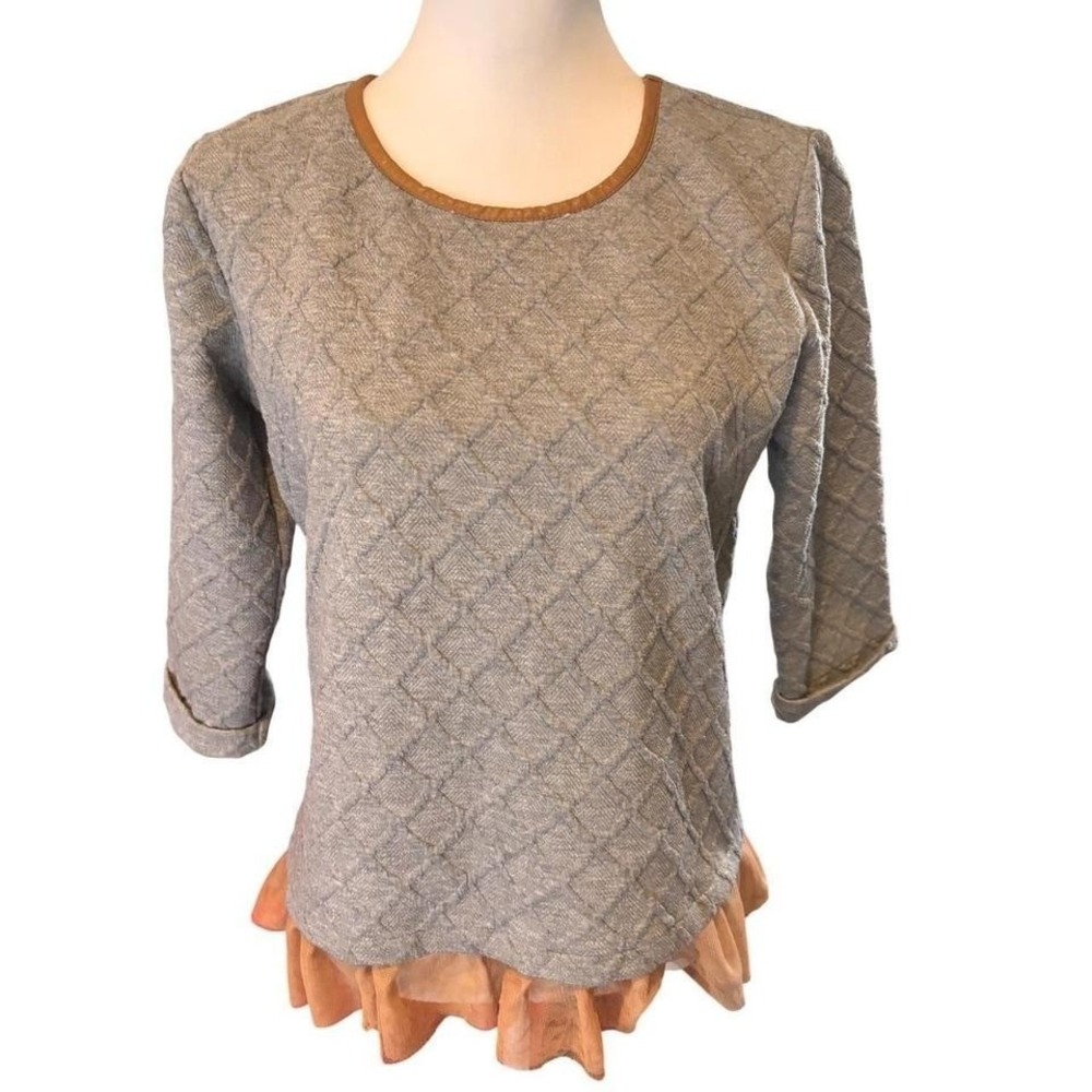 THML‎ Boutique Textured Knit Top Small Faux Leather Trim Layered Hem Boho Chic
